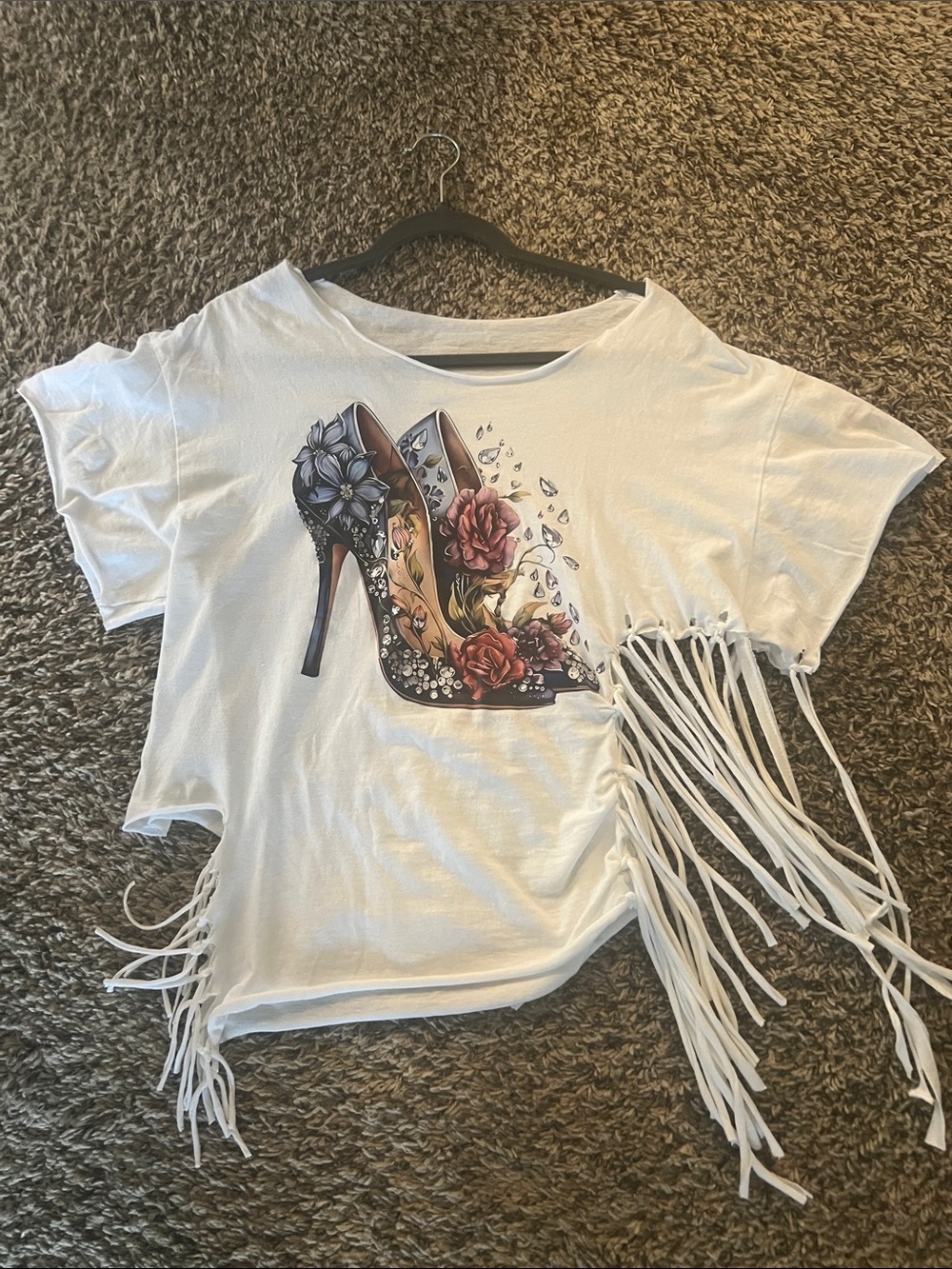White Short Sleeve Fringe Tee with Floral High Heel Print